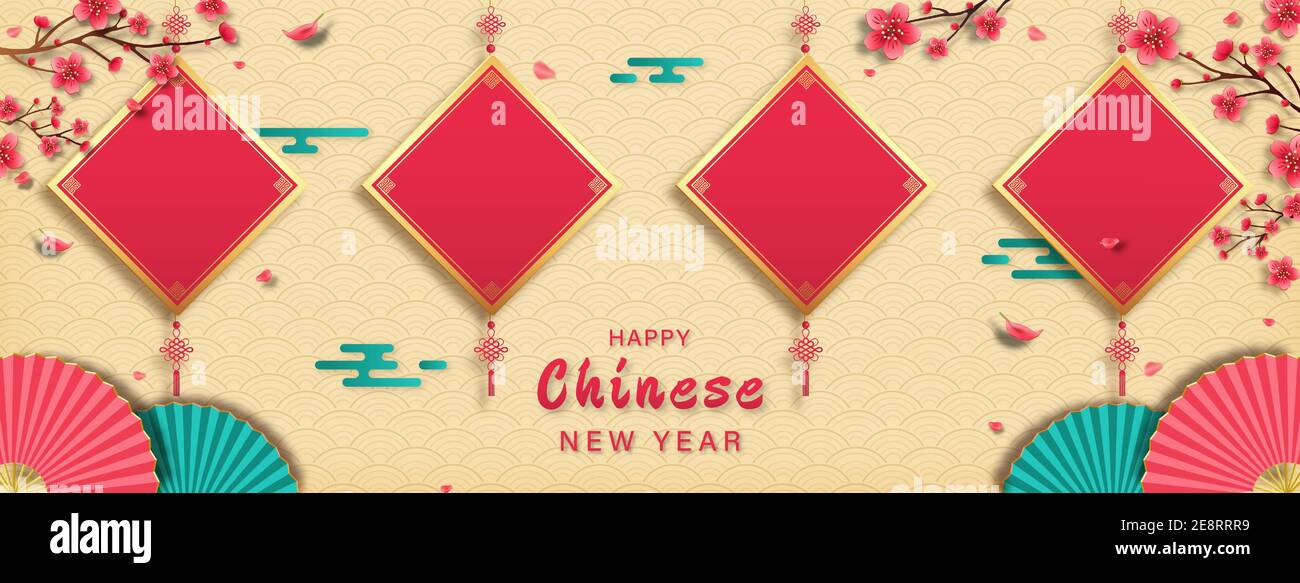 Happy Chinese New Year Banner Hintergrund mit leeren roten Umhängen Für Ihre Texte oder Bilder auf orientalischem Wellenmuster Stock Vektor