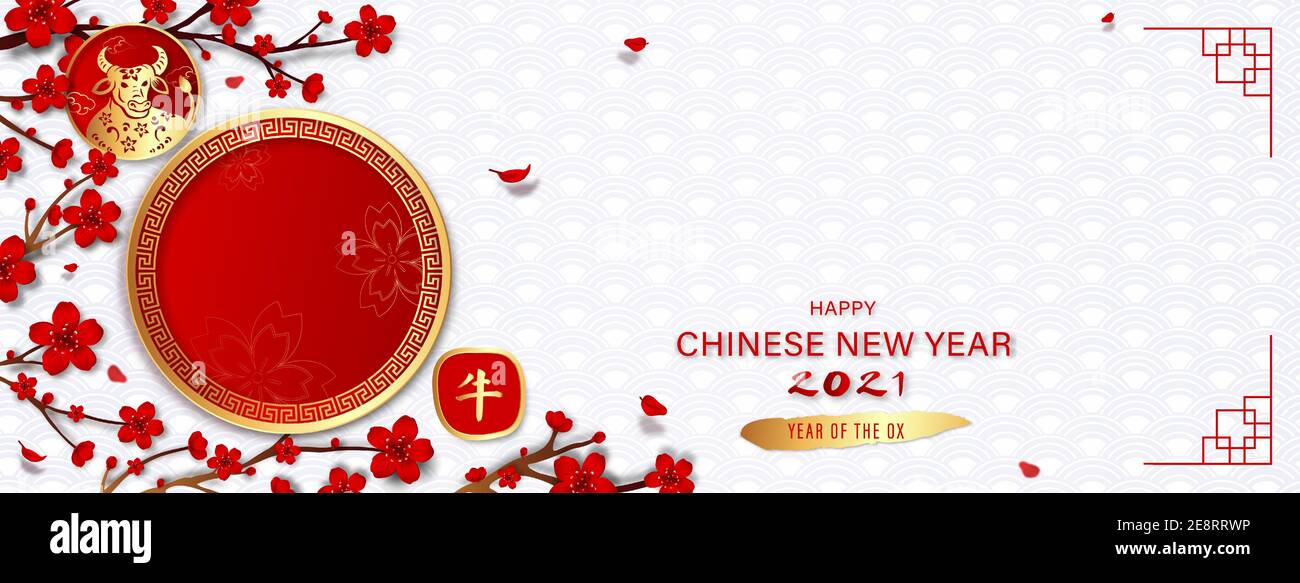 Frohes chinesisches Neujahr 2021 Jahr der Ochse Banner Hintergrund mit leeren roten Kreisen für Ihre Texte oder Bilder auf weißen orientalischen Wellenmuster, Chinesisch Stock Vektor
