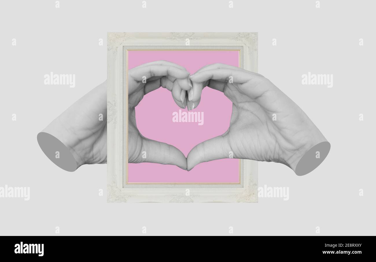 Digitale Collage moderne Kunst, Hände machen Herz-Symbol, mit Retro-Bilderrahmen Stockfoto