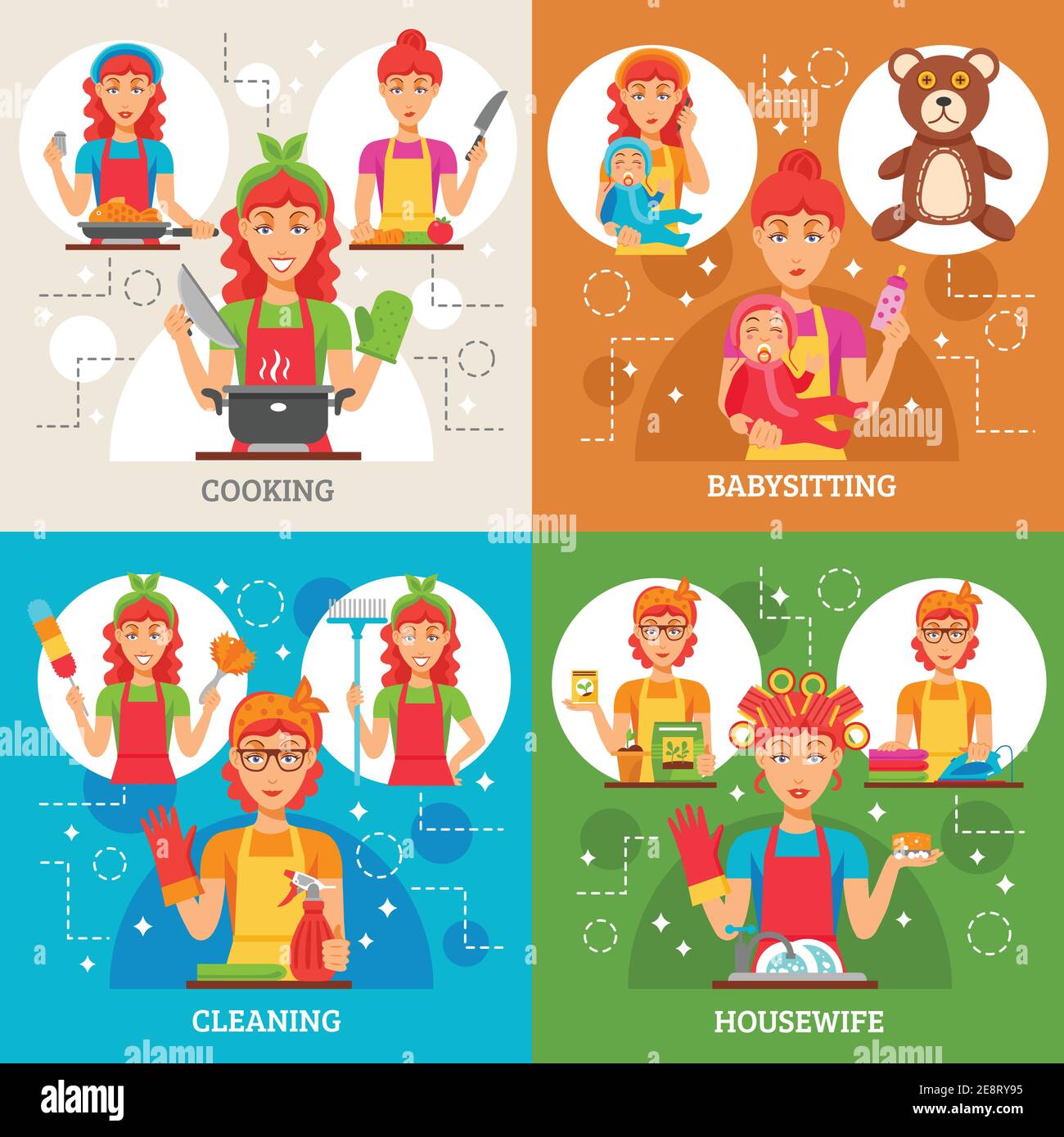 Hausfrau 2x2 Design-Konzept Satz von Frauen in Schürze in Küche mit Gummihandschuhen und Besen mit Baby und Brustwarze In Händen isolierte Vektordarstellung Stock Vektor