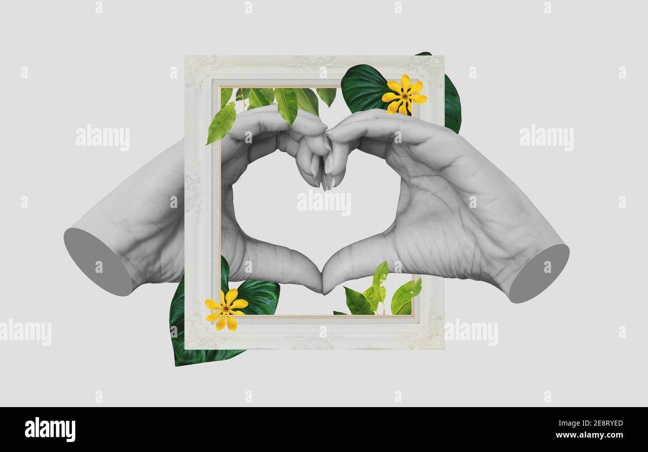 Digitale Collage moderne Kunst, Hände machen Herz-Symbol, mit Retro-Bilderrahmen und tropischen Blättern und Blume Stockfoto