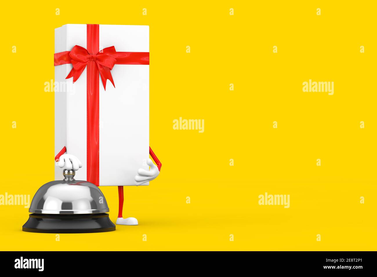 Weiße Geschenkschachtel und rotes Band Zeichen Maskottchen mit Hotel Service Bell Call auf einem gelben Hintergrund. 3D Rendering Stockfoto