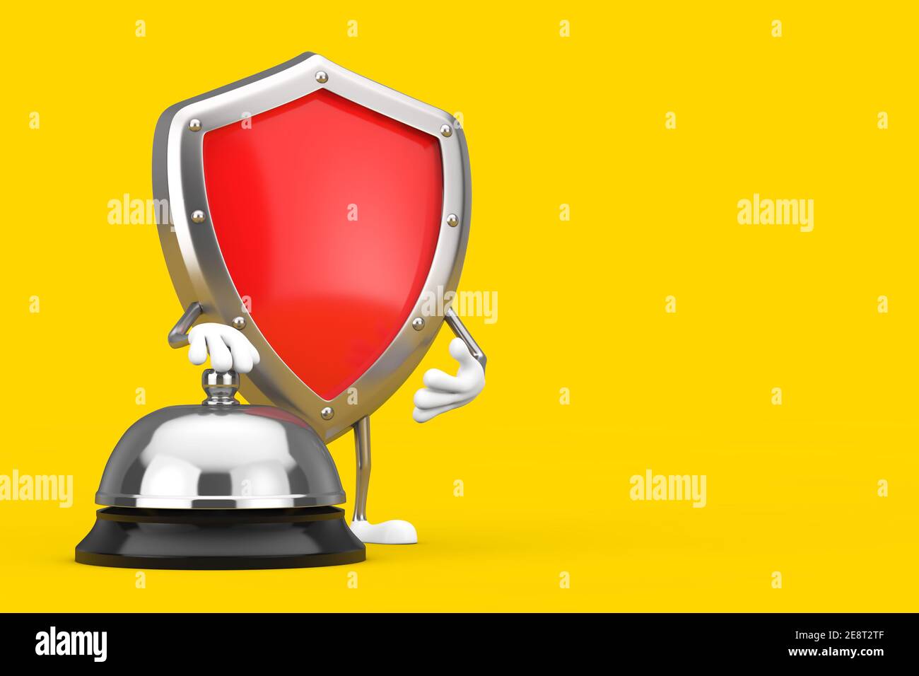 Rotes Metall Schutzschild Zeichen Maskottchen mit Hotel Service Bell Call auf einem gelben Hintergrund. 3D Rendering Stockfoto