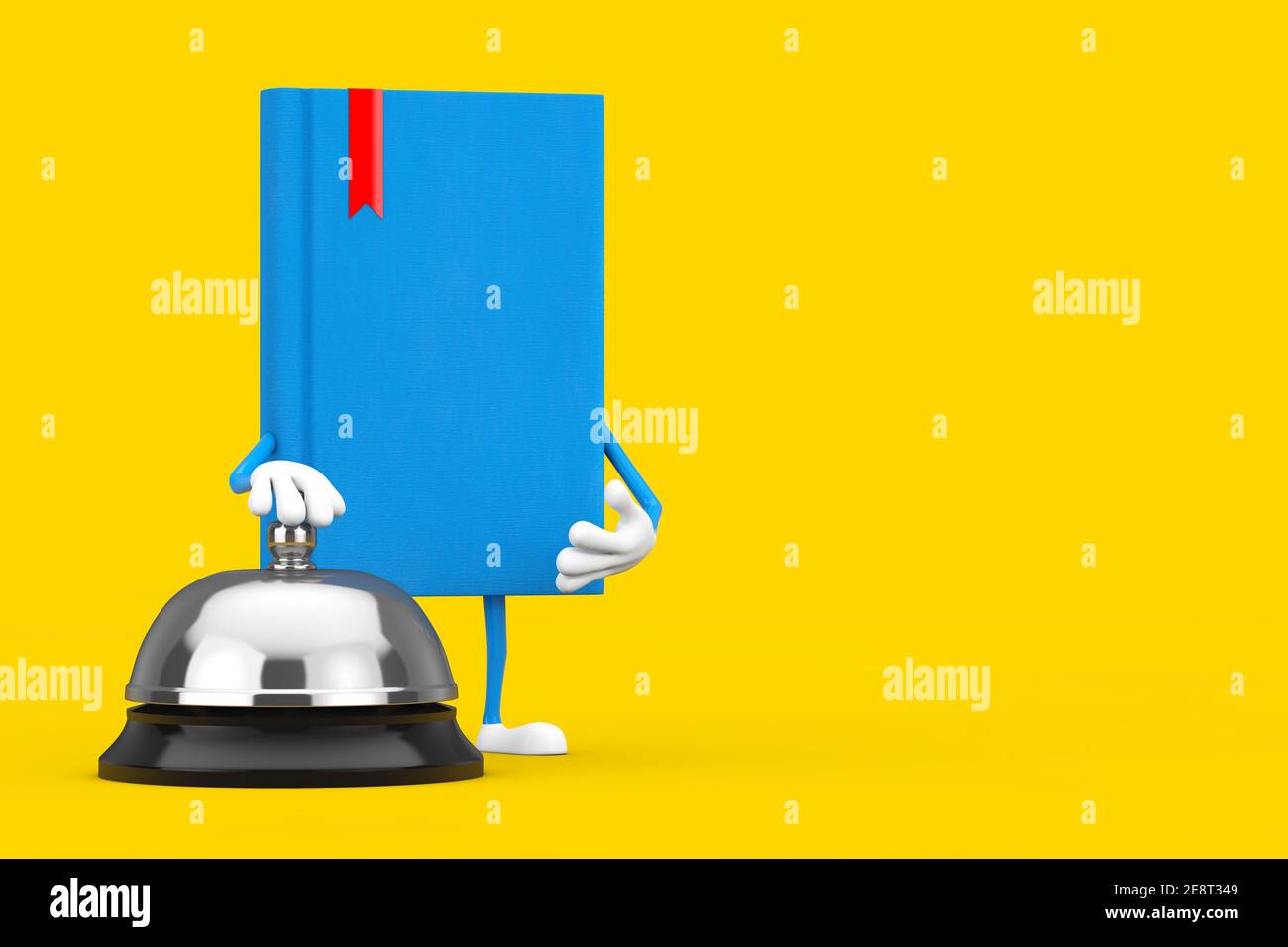Blaues Buch Zeichen Maskottchen mit Hotel Service Bell Call auf weißem Hintergrund. 3D Rendering Stockfoto