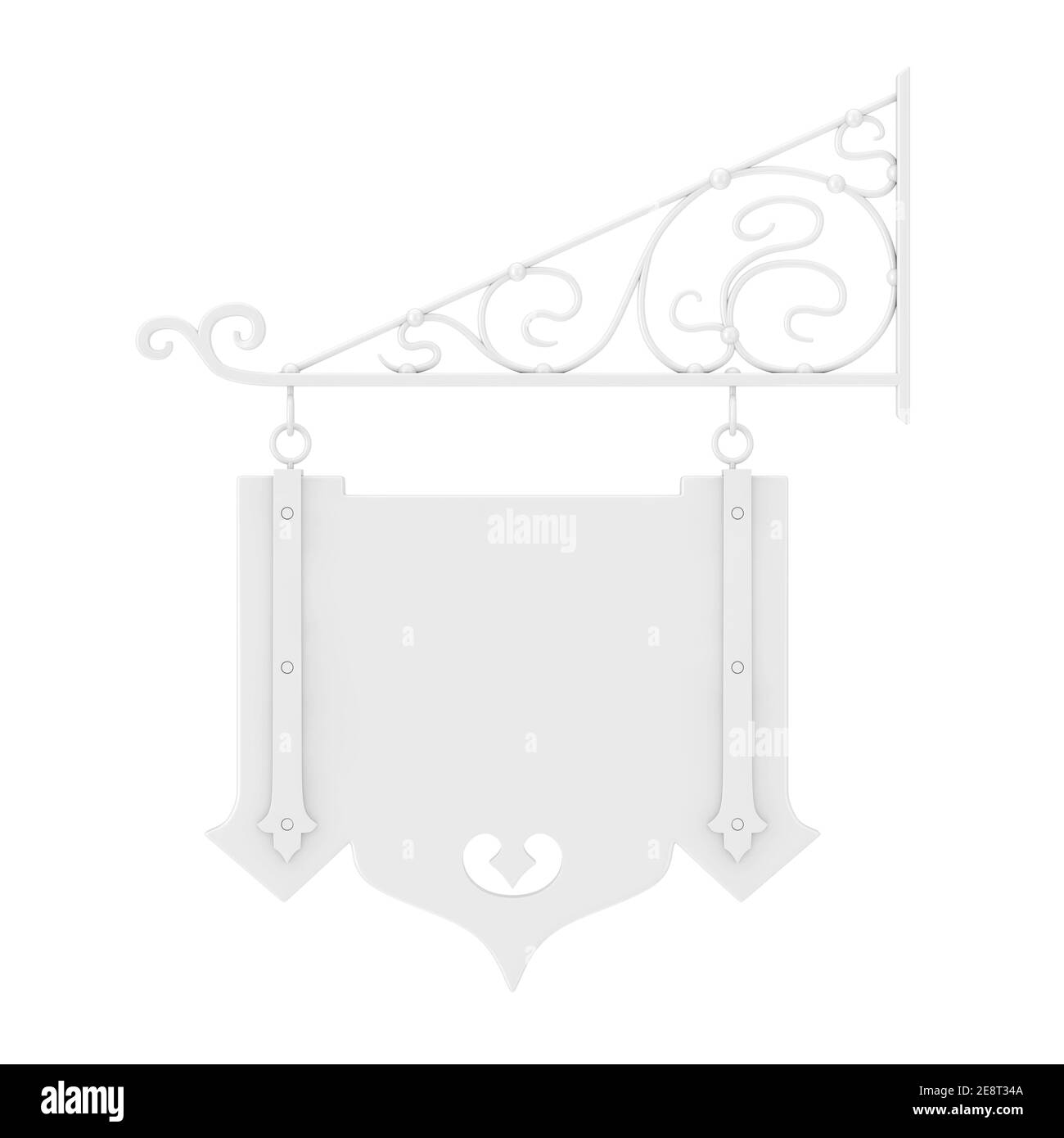 Blank White Hängeschild mit freiem Platz für Ihr Design und Floral Schmiedeelemente in Clay-Stil auf weißem Hintergrund. 3D Rendering Stockfoto