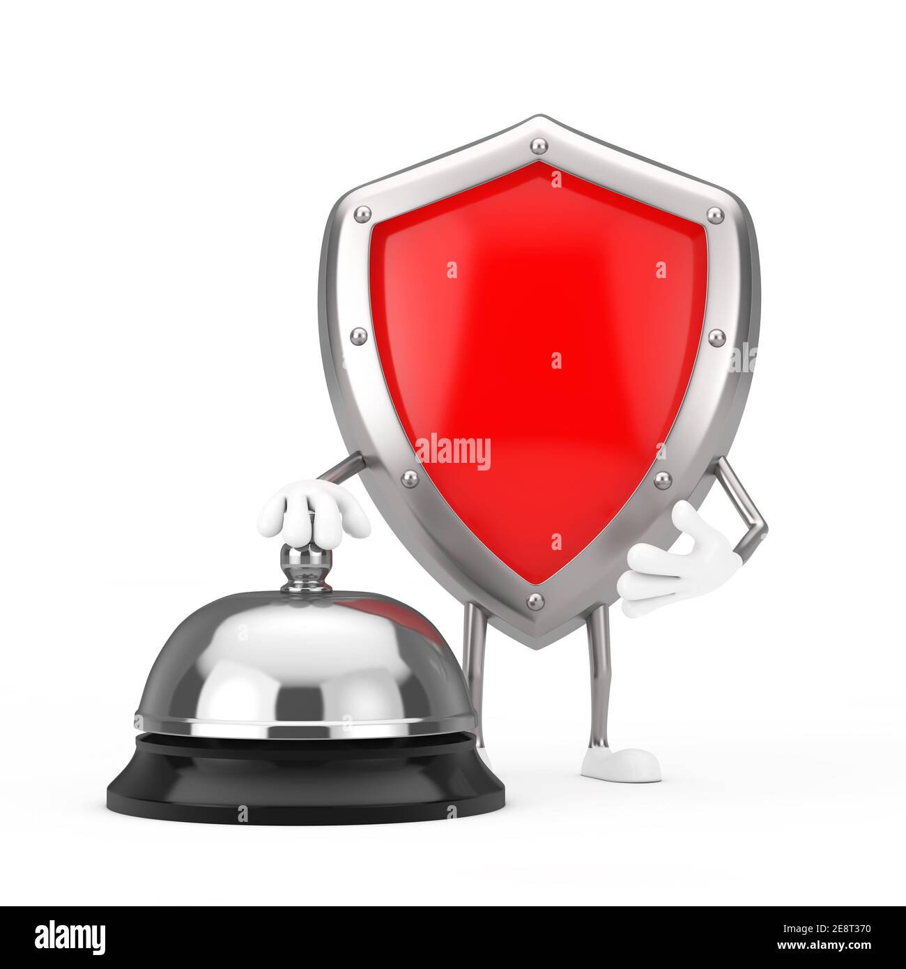 Rotes Metall Schutzschild Zeichen Maskottchen mit Hotel Service Bell Call auf weißem Hintergrund. 3D Rendering Stockfoto