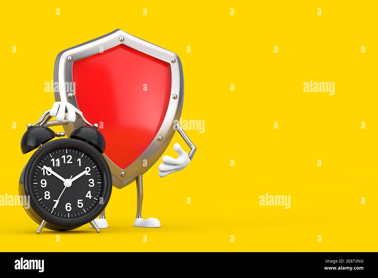 Rotes Metall Schutzschild Zeichen Maskottchen mit Wecker auf gelbem Hintergrund. 3D Rendering Stockfoto