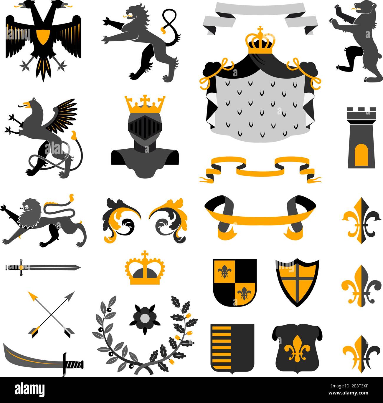 Heraldische königliche Symbole Embleme Design und Wappenelemente Sammlung golden schwarz abstrakt isoliert Vektor-Illustration Stock Vektor