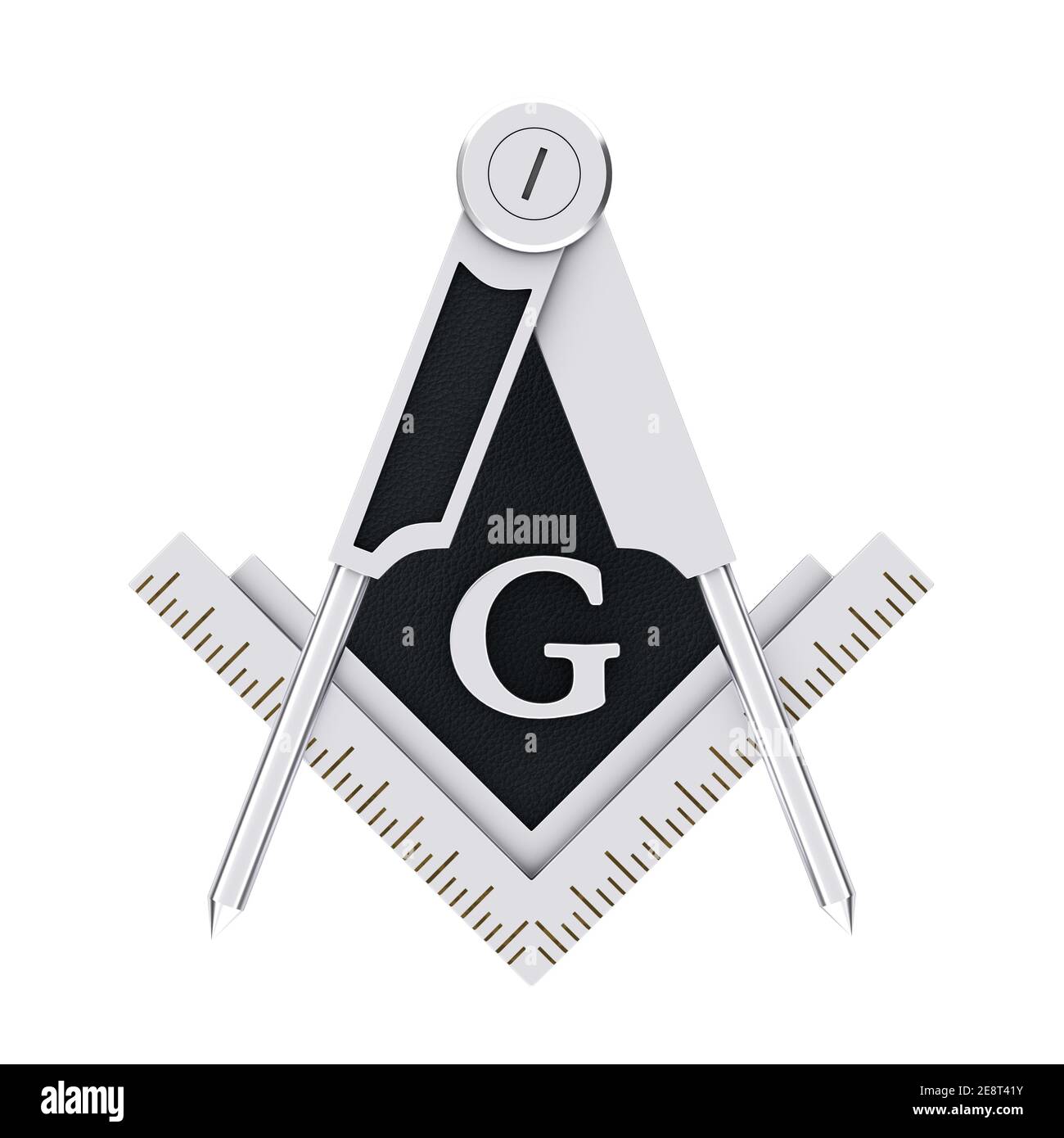 Freimaurerei Silber Quadrat und Kompass mit G-Buchstaben Emblem Symbol Logo-Symbol auf weißem Hintergrund. 3D Rendering Stockfoto