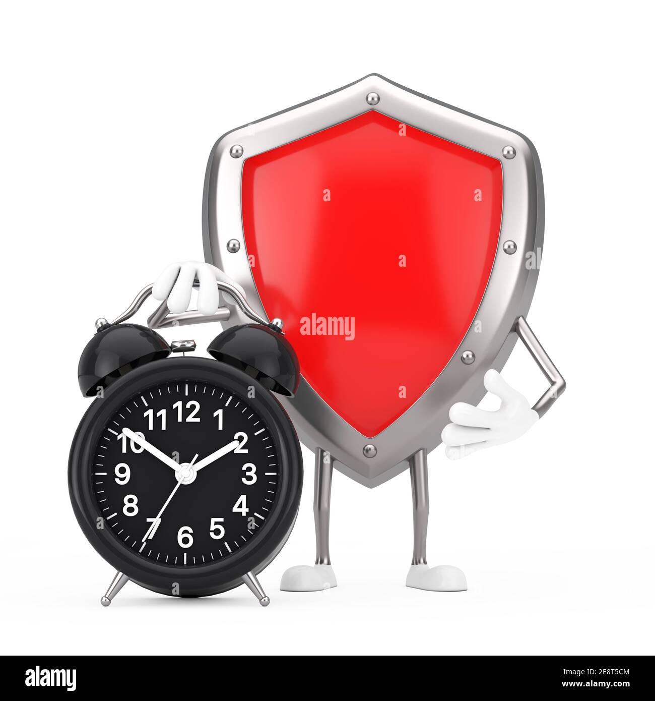 Rotes Metall Schutzschild Zeichen Maskottchen mit Wecker auf weißem Hintergrund. 3D Rendering Stockfoto