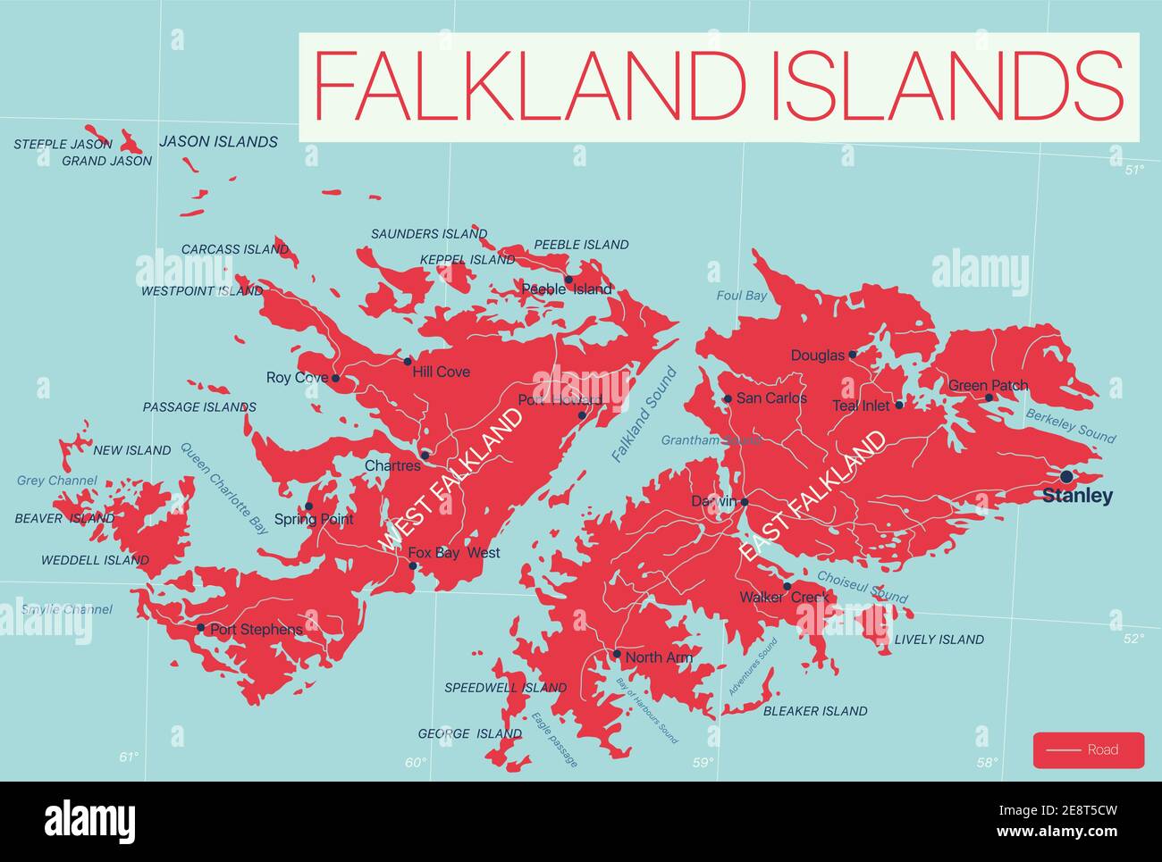 Falklandinseln Detaillierte bearbeitbare Karte mit Regionen Städte und Städte, Straßen und Eisenbahnen, geografische Standorte. Vector EPS-10-Datei Stock Vektor