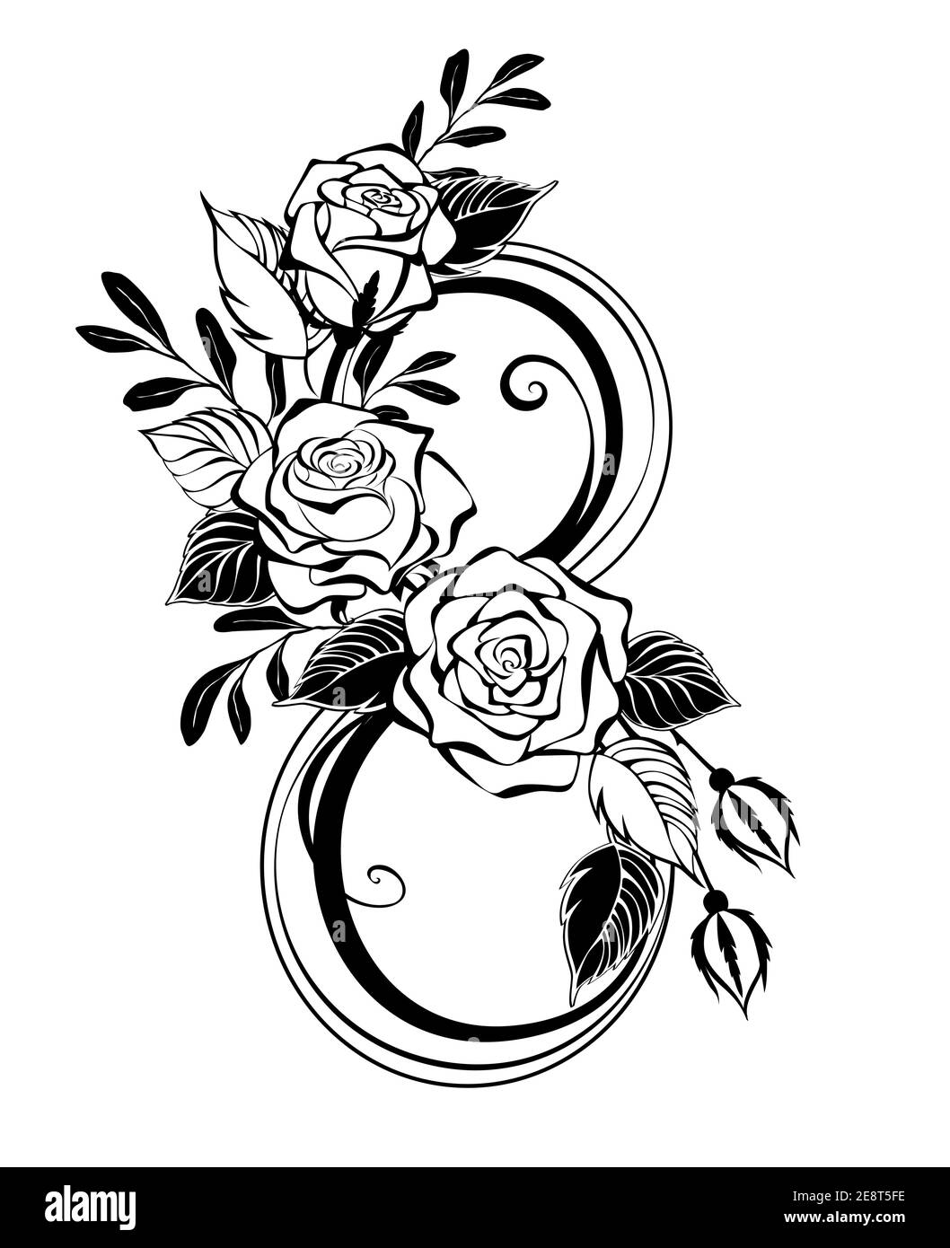 Kontur Nummer acht, verziert mit stilisierten, künstlerisch gezeichneten Rosen und Zierpflanzenzweigen auf weißem Grund. Design 8. März. Stock Vektor