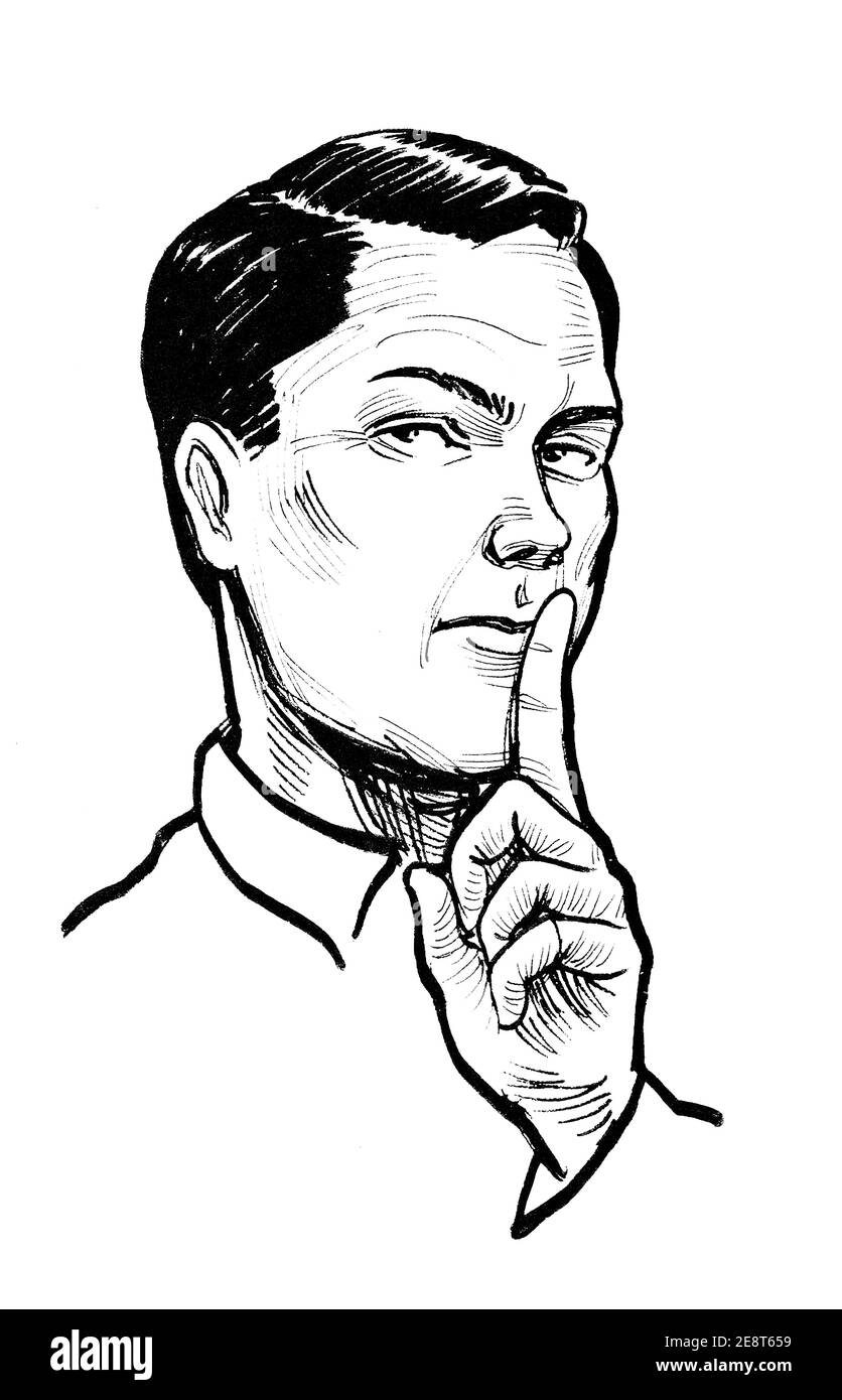 Der Mensch macht eine Geste des Schweigens. Tinte schwarz-weiß Zeichnung Stockfoto