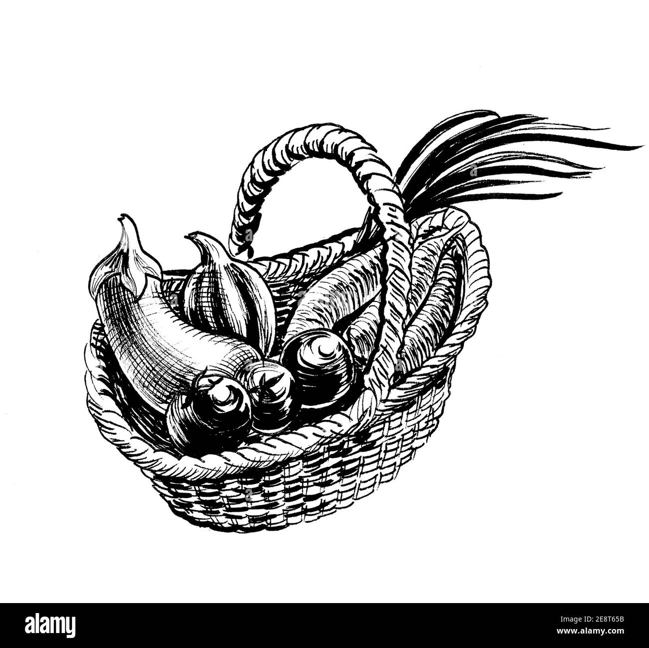 Korb mit Gemüse. Tinte schwarz-weiß Zeichnung Stockfoto