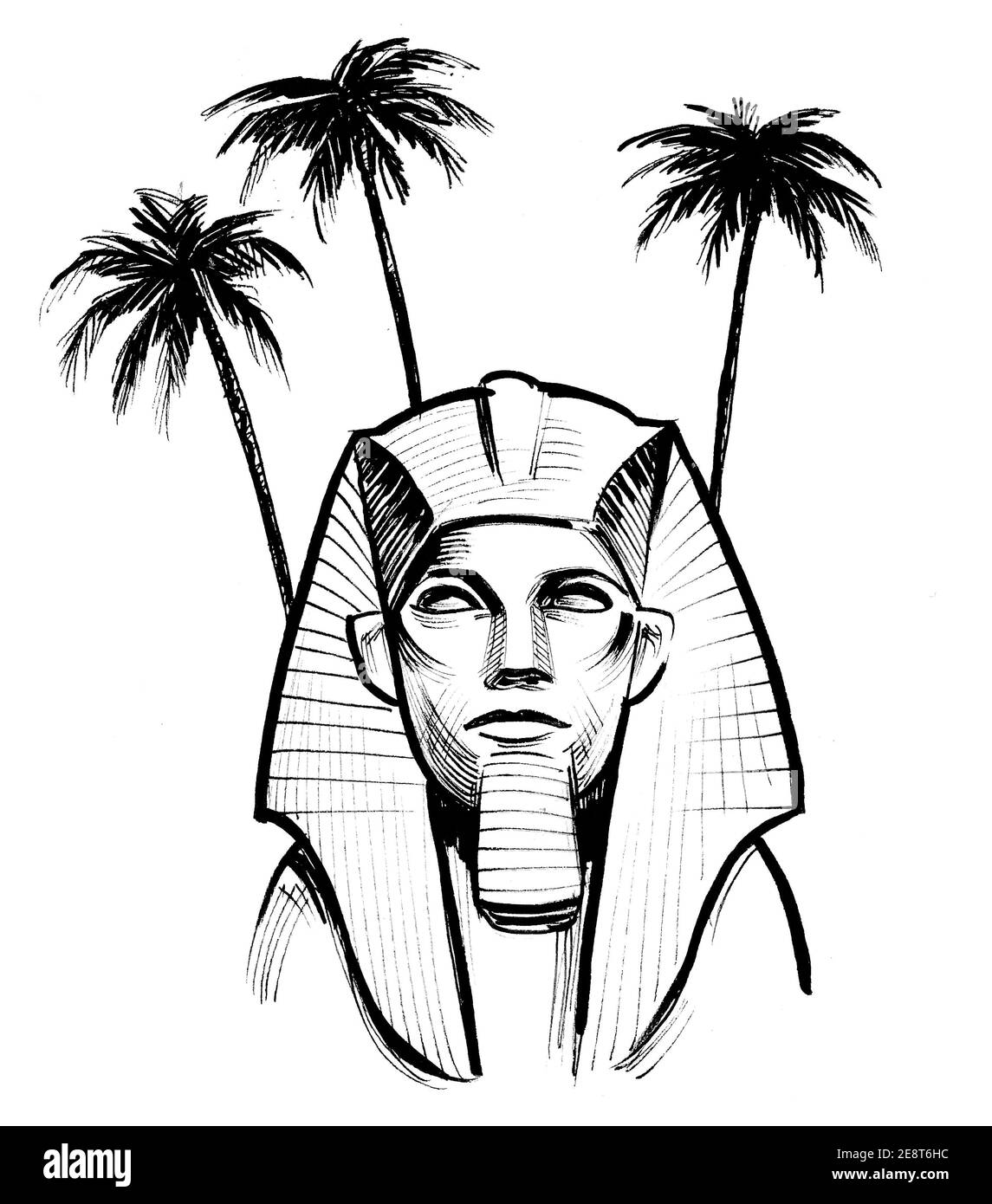 Altes ägyptisches pharao-Denkmal und Palmen. Tinte schwarz-weiß Zeichnung Stockfoto