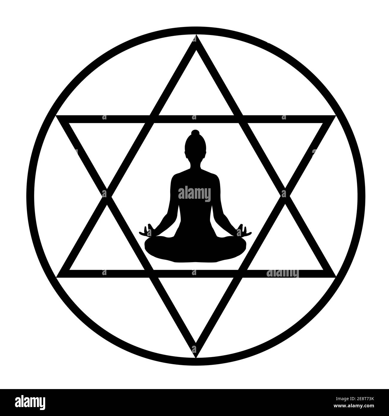 Einfaches Zeichnen mit einem Yogi in der Lotusposition in Eine Mitte eines stilisierten Pentagramms Stock Vektor