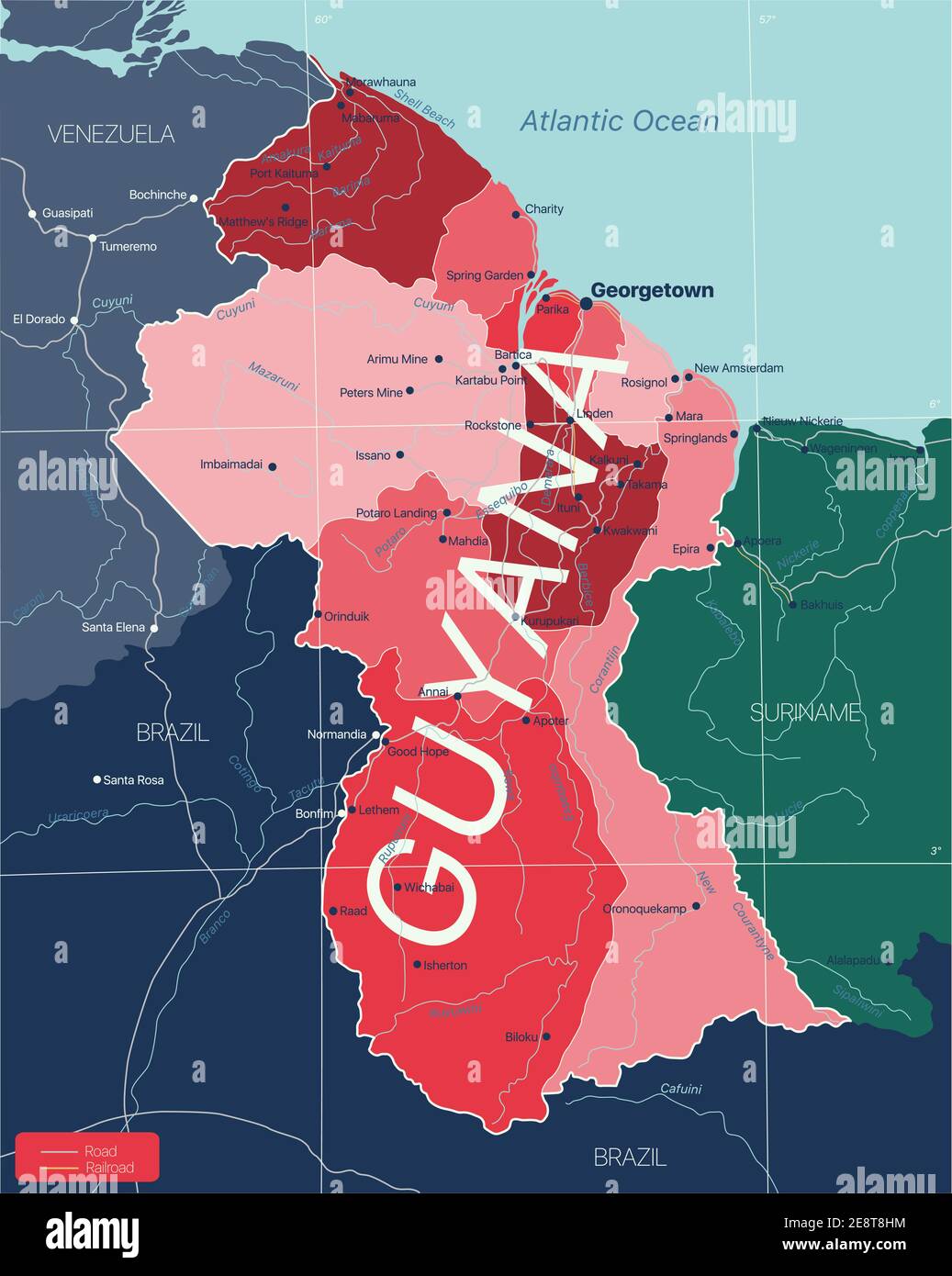 Guyana Land detaillierte editierbare Karte mit Regionen Städte und Städte, Straßen und Eisenbahnen, geografische Standorte. Vector EPS-10-Datei Stock Vektor