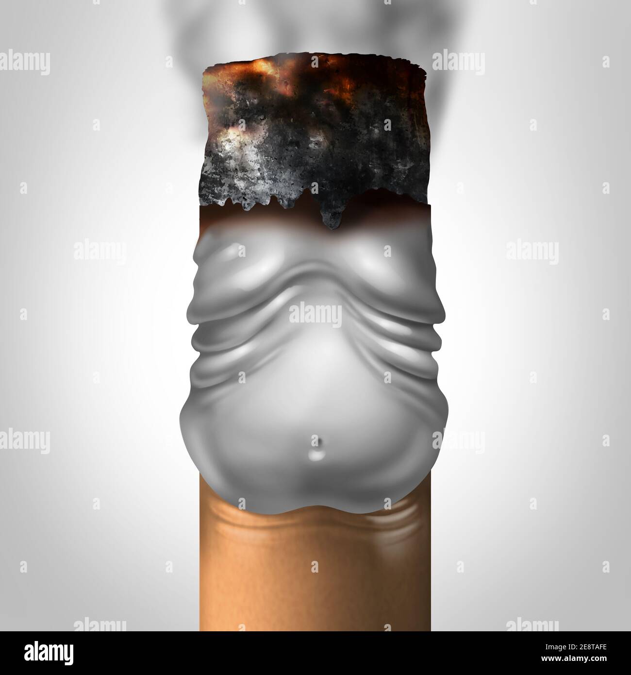 Rauchen und Adipositas oder Raucher Gewichtszunahme als medizinisches Konzept mit einer brennenden Zigarette als übergewichtiges Symbol der Nikotinsucht geformt. Stockfoto