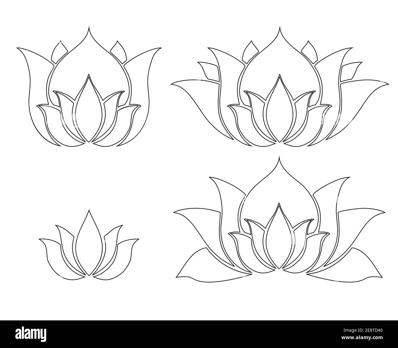 Set von verschiedenen Konturblüten von Lotusblumen. Symbole für Yoga-Sportzentren. Logos für Spa-Zentren und Schönheitssalons. Vektor Umriss natürlichen floralen Ele Stock Vektor