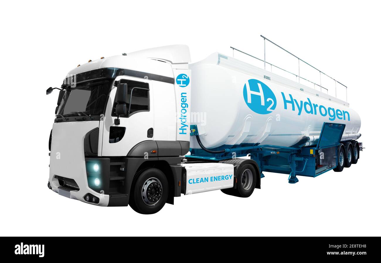 LKW auf Wasserstoff-Kraftstoff mit H2-Tankanhänger isoliert auf weißem Hintergrund. Stockfoto
