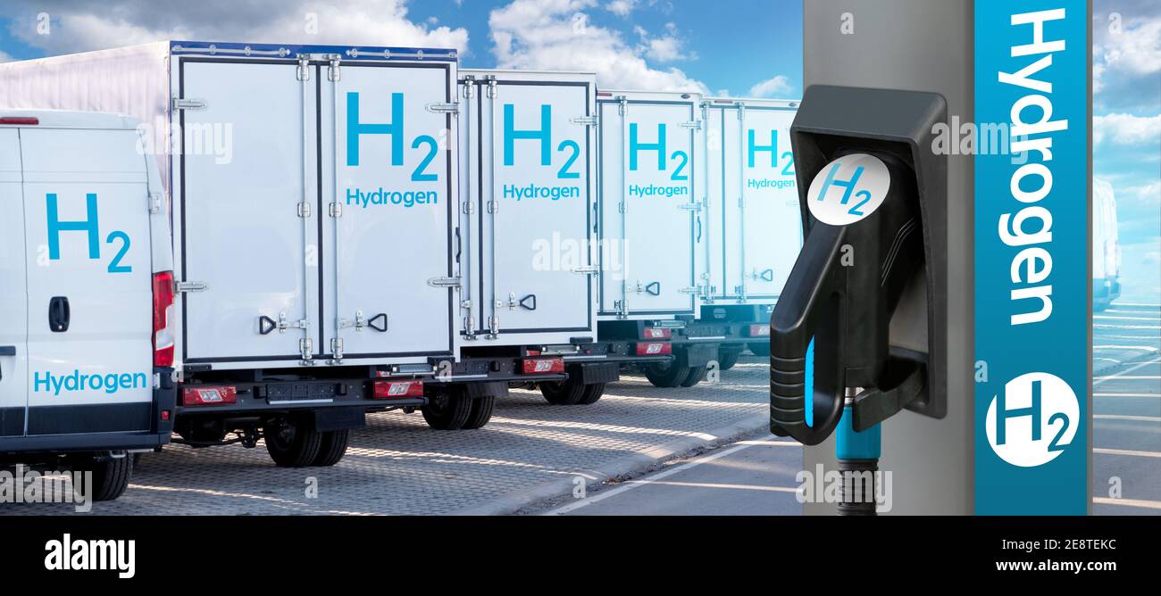 Self-Service-Wasserstofftankstelle auf einem Hintergrund von LKWs Stockfoto