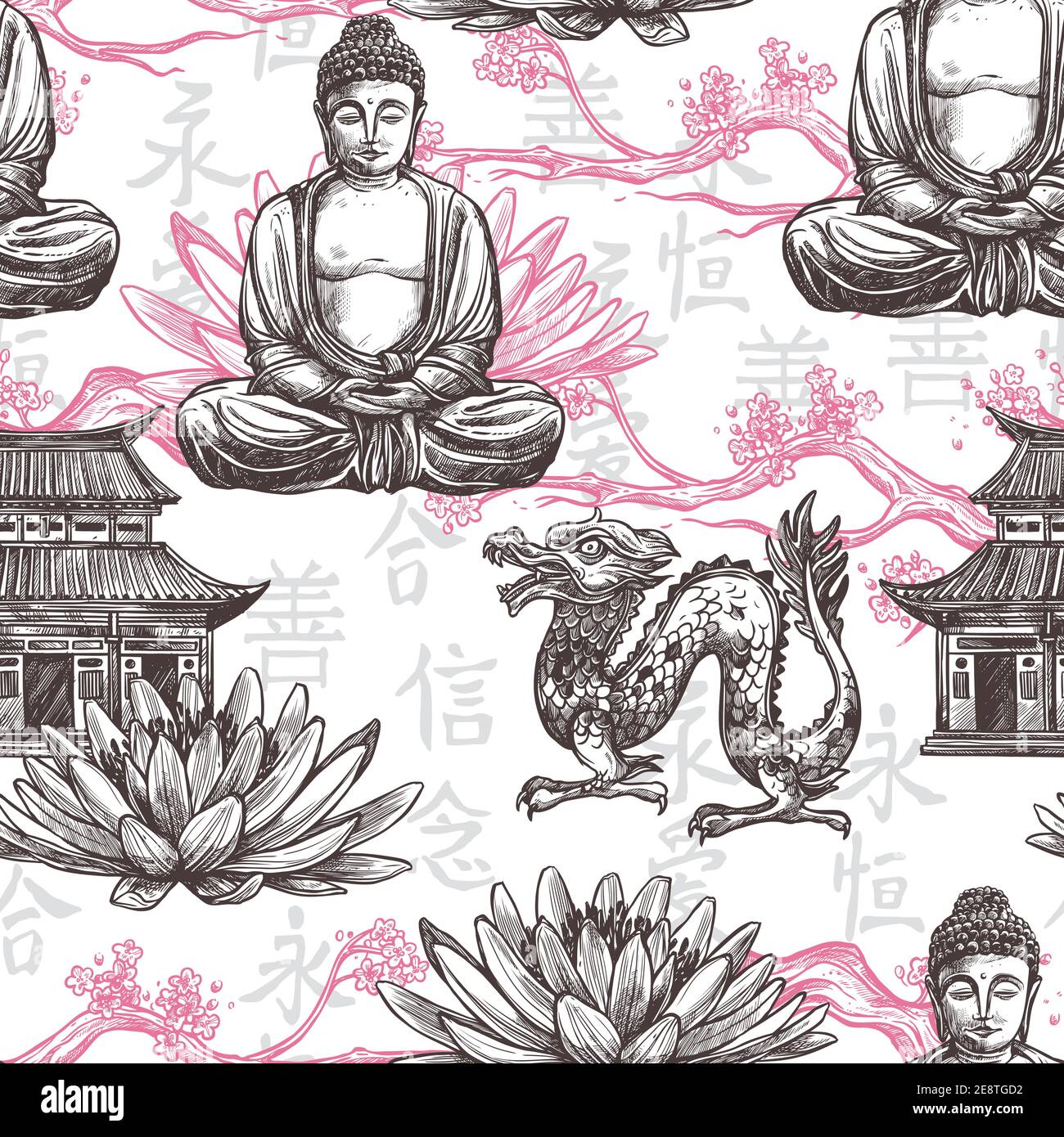 Asiatische nahtlose Muster mit Skizze Pagode Gebäude Lotus Blume Drachen vektorgrafik Stock Vektor