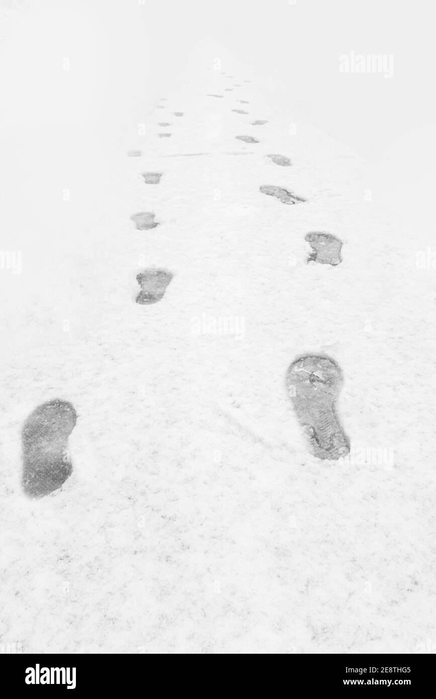Fußabdrücke im Schnee soweit das Auge reicht Siehe Stockfoto