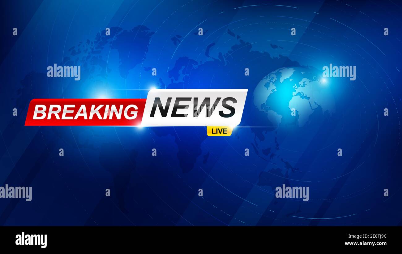 Breaking News Vorlage mit 3d rot und blau Abzeichen, Breaking News Text auf dunkelblau mit Erde und Weltkarte Hintergrund, TV News Show Broadcast templat Stockfoto