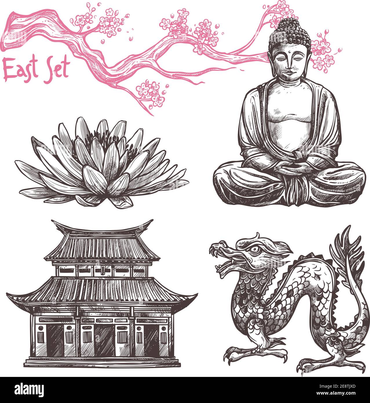 Asiatische Skizze Set mit Lotus buddha Drachen Sakura Zweig isoliert vektorgrafik Stock Vektor