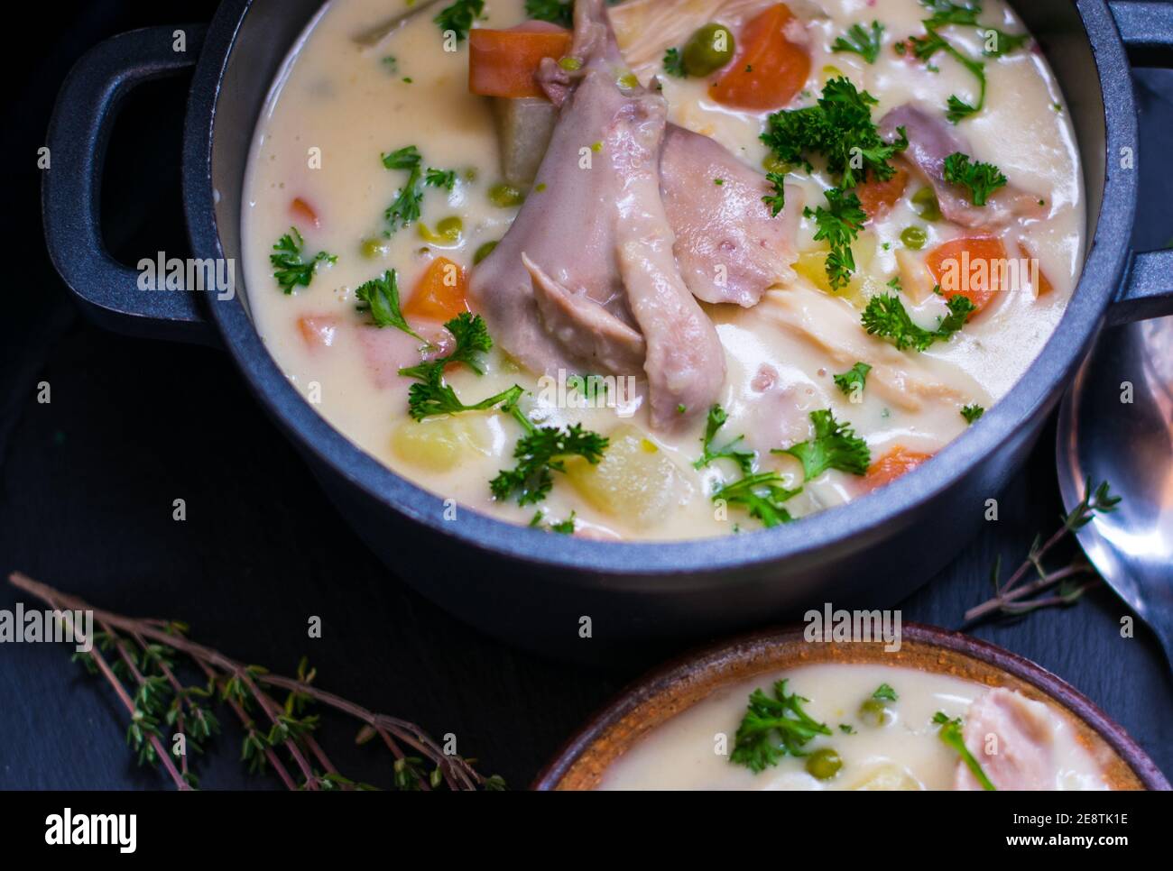 Frisch gekochte Hähnchensuppe in einem Topf aus Oben Stockfoto