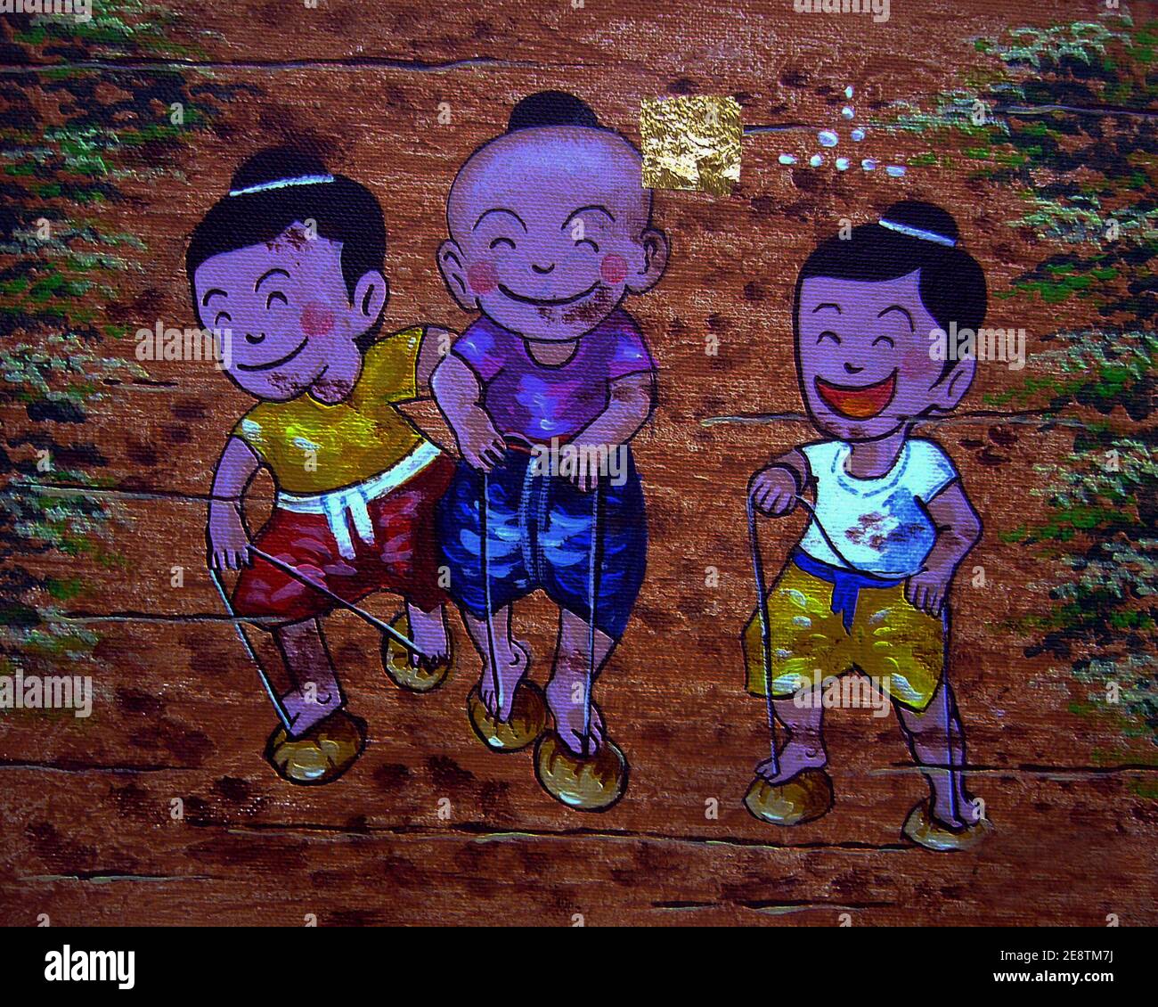 Kunst, Malerei, Ölfarbe, Kinder spielen, aus Thailand, Thai Tradition, Stockfoto