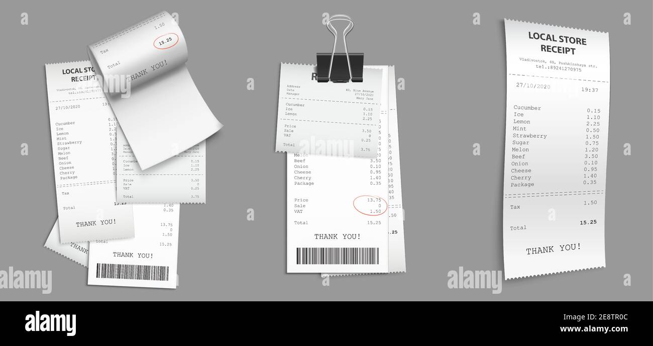 Ladenbelege, Papierbarschecks mit Barcode. Vektor realistische Satz von Kaufrechnungen, Stapel von gedruckten Rechnungen. Einkaufschecks mit Binderclip isoliert auf grauem Hintergrund Stock Vektor