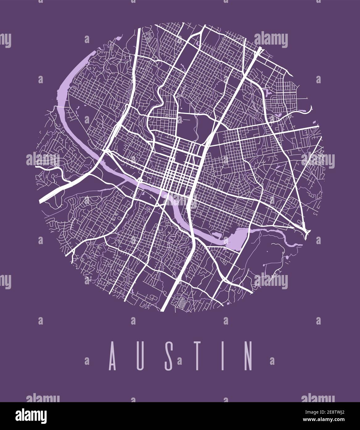 Austin Kartenposter. Dekoratives Design Stadtplan von Austin Stadt. Stadtbild ARIA Panorama Silhouette Luftbild, Typografie Stil. Land, Fluss, Autobahn Stock Vektor