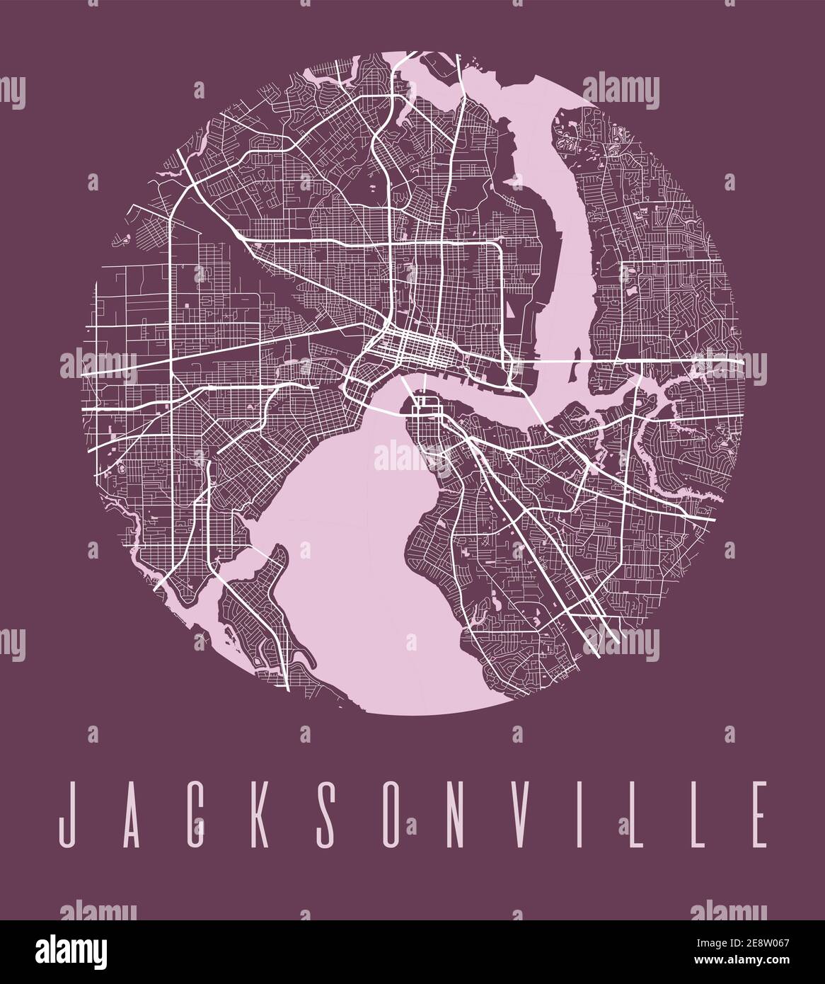 Jacksonville Kartenposter. Dekoratives Design Stadtplan von Jacksonville Stadt. Stadtbild ARIA Panorama Silhouette Luftbild, Typografie Stil. Land, ri Stock Vektor