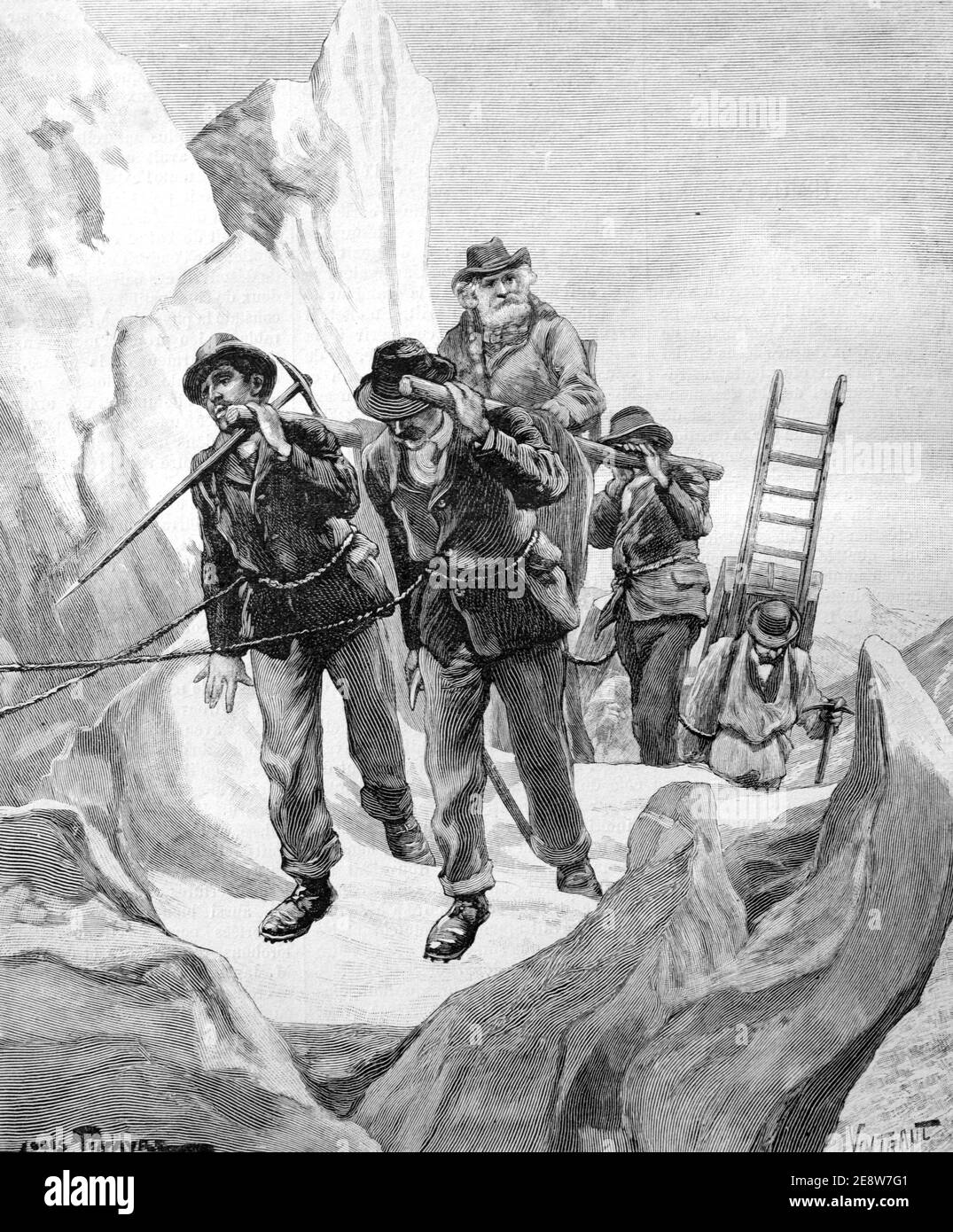 Der französische Astronom Jules Janssen (1824-1907) alias Pierre Jules César Janssen wird Mitte der 70er von Porters auf den Mont Blanc in den französischen Alpen getragen. 1901 Vintage Illustration oder Gravur Stockfoto