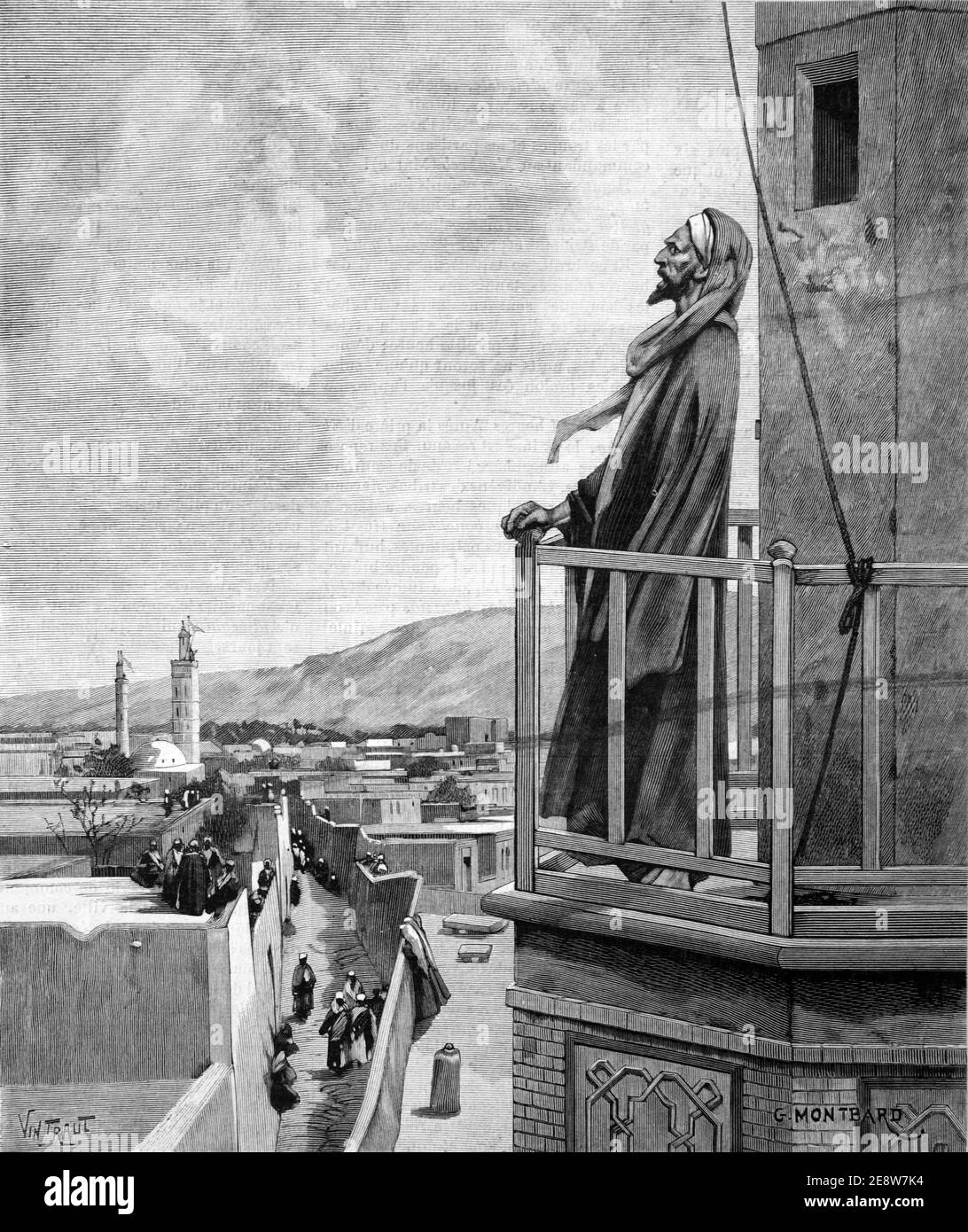 Muezzin Aufruf zum Gebet Muslim oder Islamischer Aufruf zum Gebet Während des Ramadan vom Minarett der Moschee Marokko 1900 Vintage Illustration Oder Gravieren Stockfoto