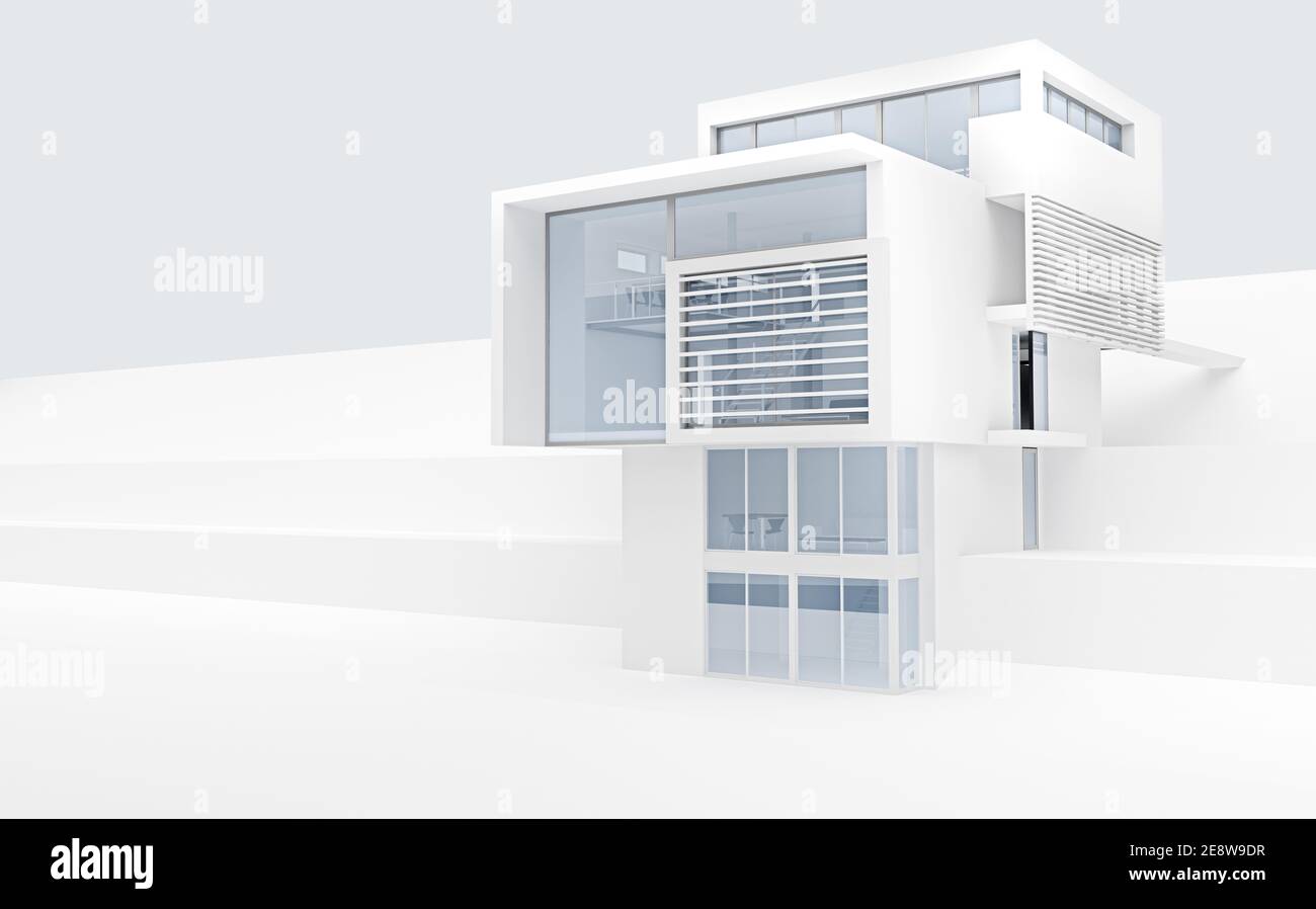 Hervorstehender Teil eines modernen Gebäudes in Weiß. 3d-Rendering Stockfoto