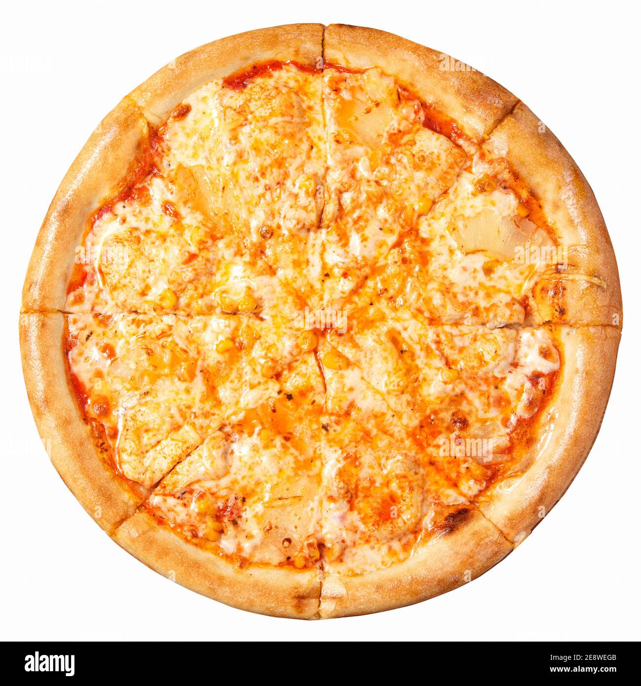 Pizza mit Käse Draufsicht isoliert in weißem Hintergrund. Stockfoto