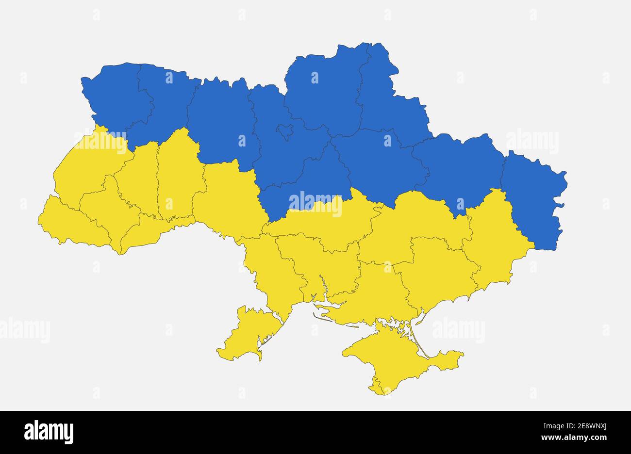 Karte der Ukraine in den Farben der Flagge, Verwaltungseinheiten leer Stockfoto
