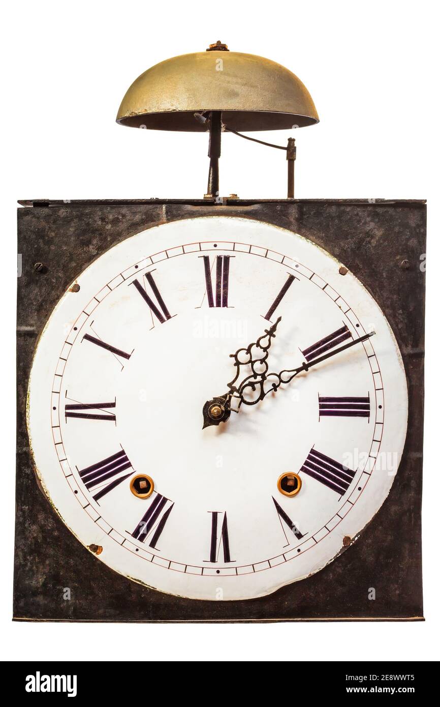 Vintage-Uhr mit einer Glocke auf der Oberseite isoliert auf einem Weißer Hintergrund Stockfoto