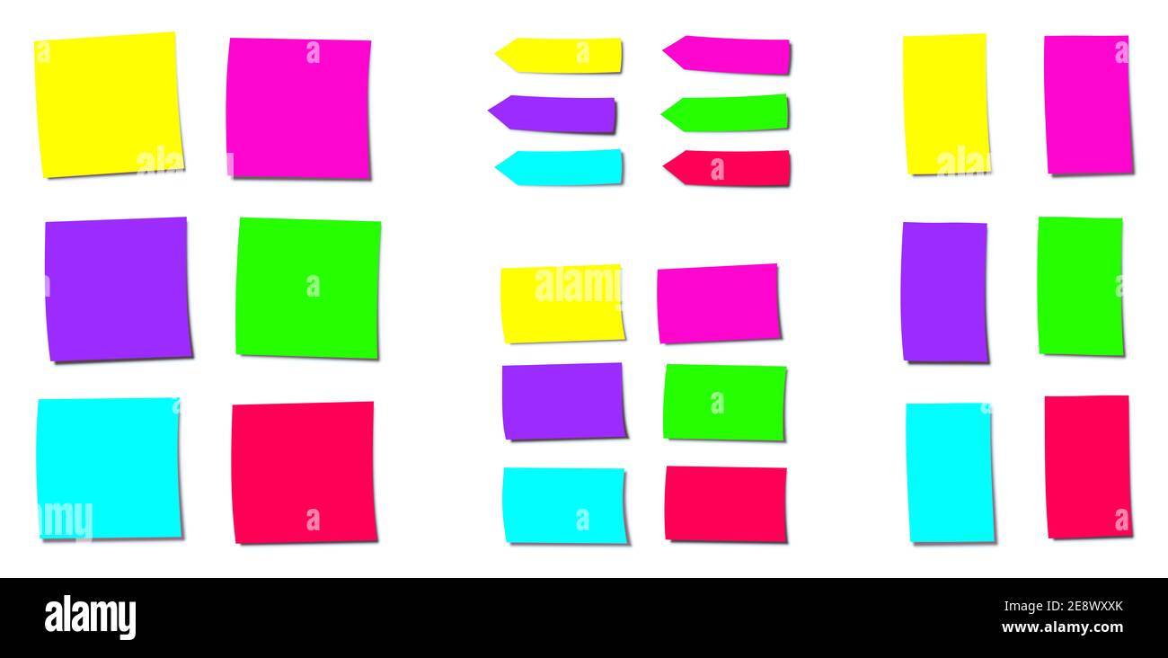 Neonfarbene Haftnotizen, verschiedene Formen mit leuchtenden fluoreszierenden Farben - Illustration auf weißem Hintergrund. Stockfoto
