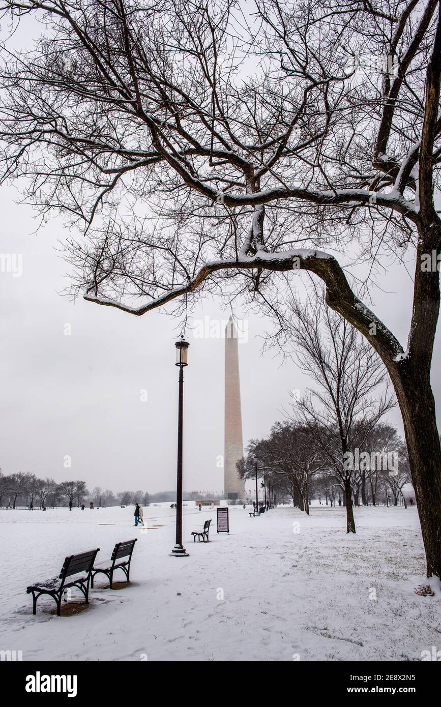 Das Washington Monument und die National Mall, während eines verschneiten Tages in Washington, D.C. Stockfoto