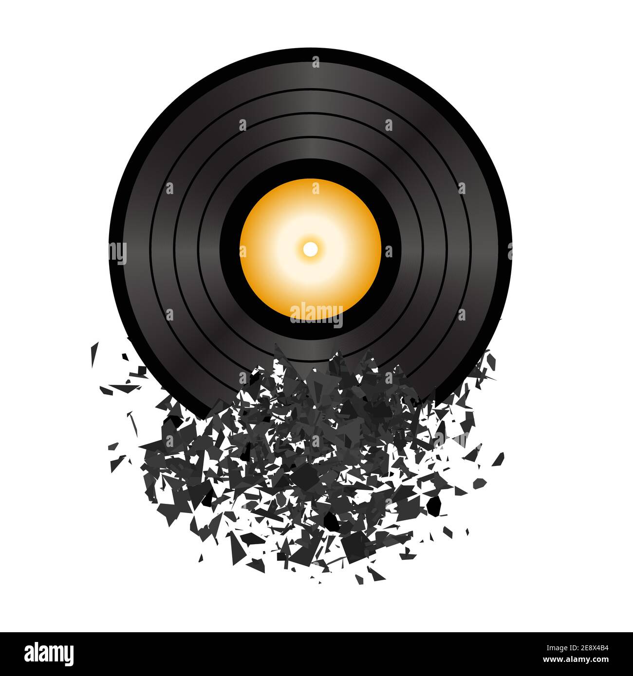 Retro Vinyl Disc isoliert auf weißem Hintergrund. Beschädigtes Musiksymbol. Plastik explodieren mit vielen Patrts Stock Vektor