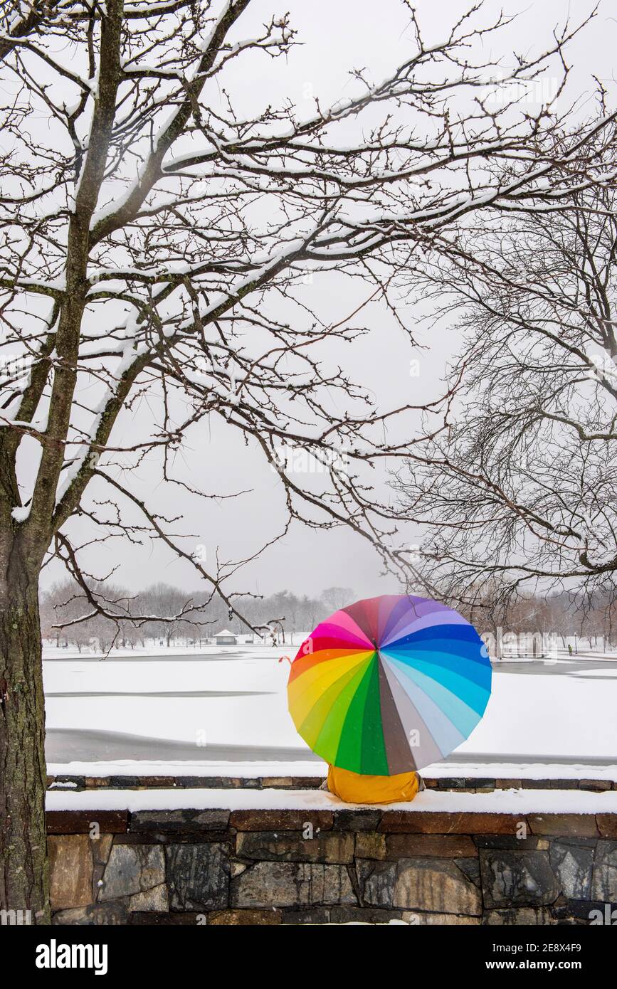 Ein Mann mit einem bunten Regenschirm besucht Constitution Gardens während eines verschneiten Tages in Washington, D.C. Stockfoto