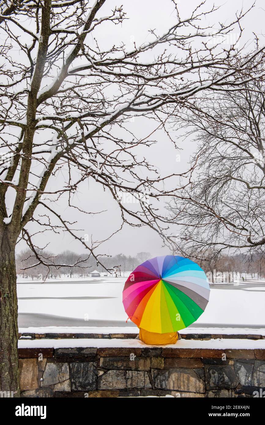 Ein Mann mit einem bunten Regenschirm besucht Constitution Gardens während eines verschneiten Tages in Washington, D.C. Stockfoto