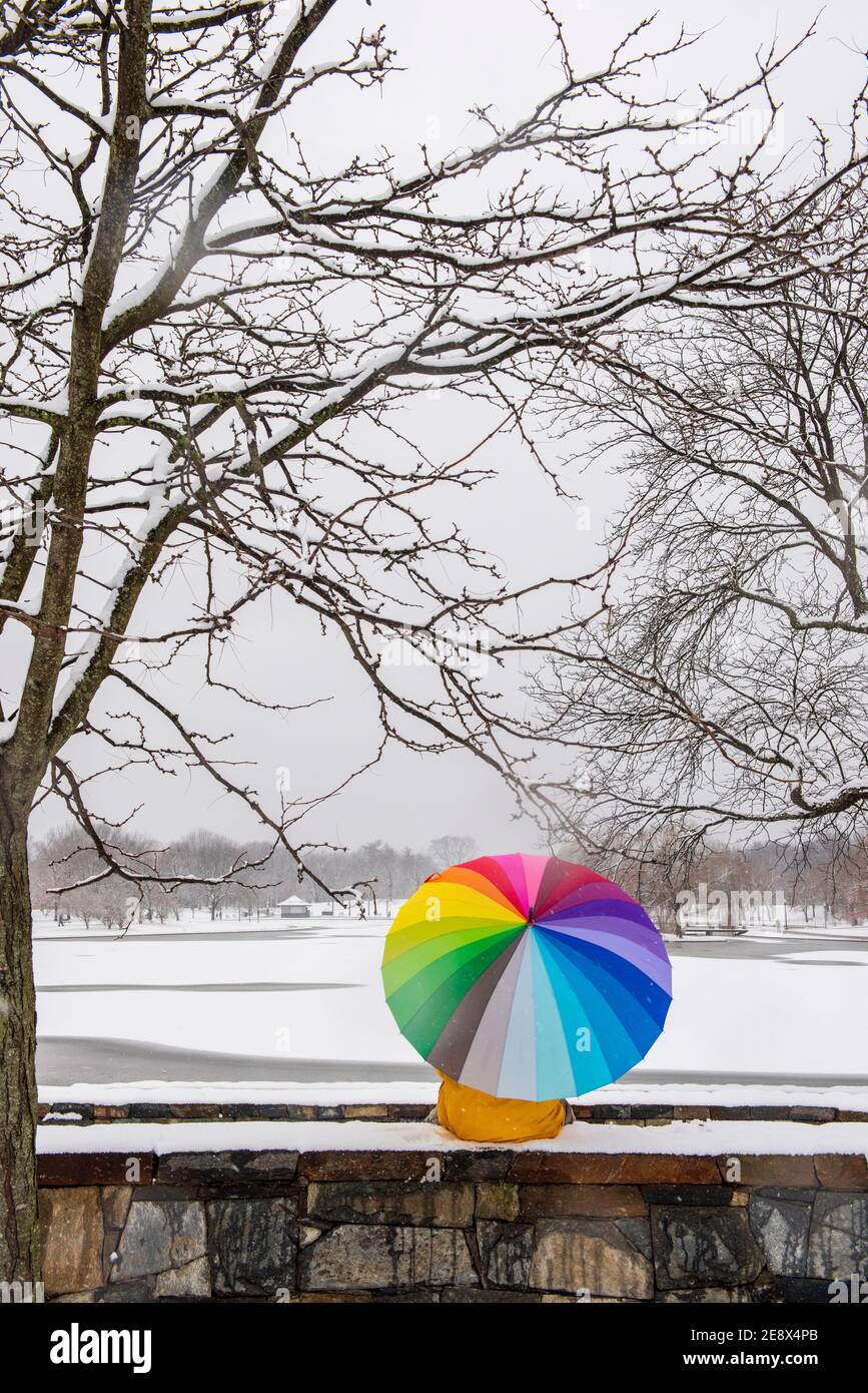 Ein Mann mit einem bunten Regenschirm besucht Constitution Gardens während eines verschneiten Tages in Washington, D.C. Stockfoto