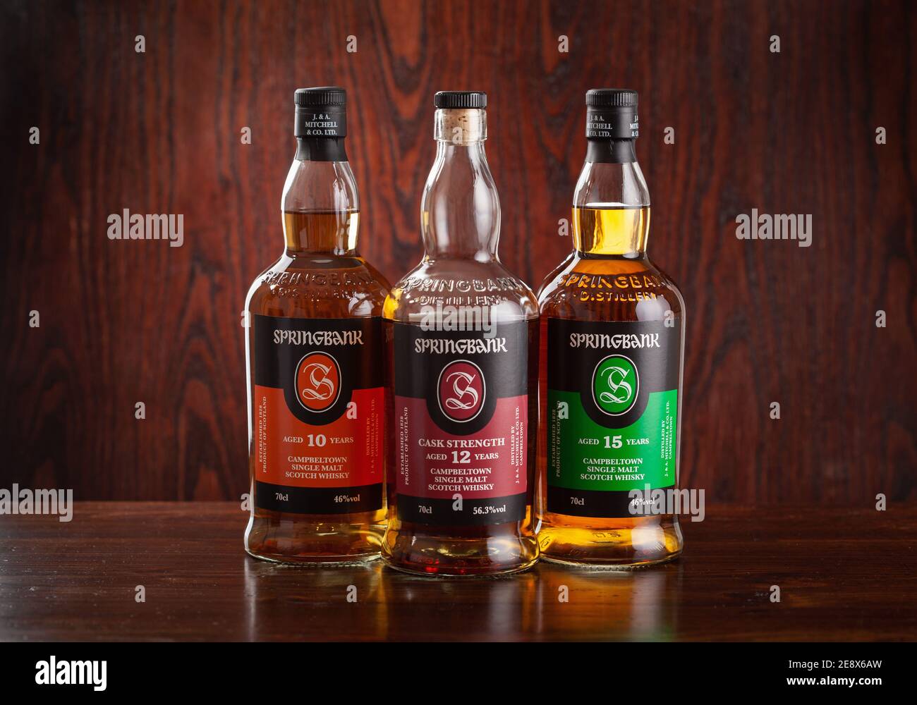 Trondheim, Norwegen - Mai 26 2020: Springbank Single Malt Scotch Whisky drei Flaschen 10, 15, 12 Jahre Stockfoto