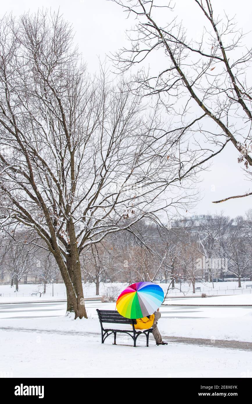 Ein Mann mit einem bunten Regenschirm besucht Constitution Gardens während eines verschneiten Tages in Washington, D.C. Stockfoto