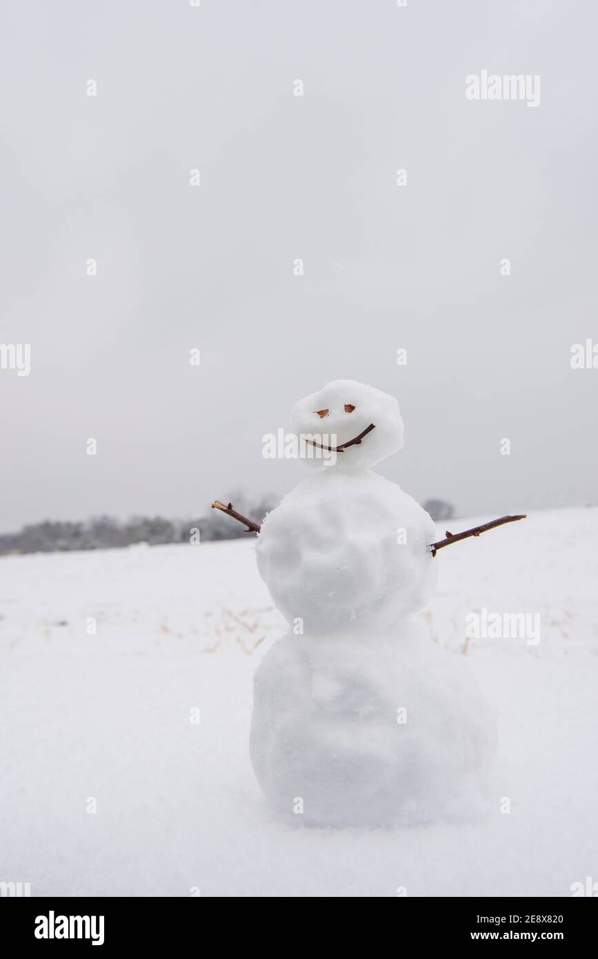 Ein netter kleiner Schneemann lächelt während eines verschneiten Wintertages in Washington, D.C. Stockfoto
