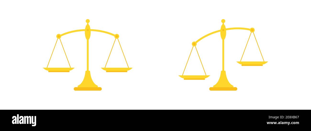 Goldene mechanische Waagen Balance Symbol auf weiß isoliert gesetzt. Gerechtigkeit, Rechtsmaßstab. Vektor-Illustration. Wert, Lösung und Rationalität Balance. Pros an Stock Vektor
